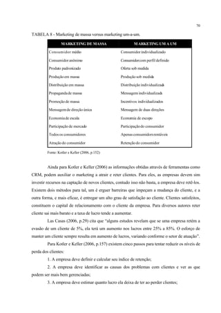 70

TABELA 8 - Marketing de massa versus marketing um-a-um.

                  MARKETING DE MASSA                          M ARKETING UM A UM

          Consumidor médio                          Consumidor individualizado

          Consumidor anônimo                        Consumidorcom perfil definido
          Produto padronizado                       Oferta sob medida

          Produção em massa                         Produção sob medida

          Distribuição em massa                     Distribuição individualizada

          Propaganda de massa                       Mensagem individualizada

          Promoção de massa                         Incentivos individualizados

          Mensagem de direção única                 Mensagem de duas direções

          Economia de escala                        Economia de escopo

          Participação de mercado                   Participação do consumidor

          Todos os consumidores                     Apenas consumidorsrentáveis

          Atração do consumidor                     Retenção do consumidor

         Fonte: Kotler e Keller (2006, p.152)


         Ainda para Kotler e Keller (2006) as informações obtidas através de ferramentas como
CRM, podem auxiliar o marketing a atrair e reter clientes. Para eles, as empresas devem sim
investir recursos na captação de novos clientes, contudo isso não basta, a empresa deve retê-los.
Existem dois métodos para tal, um é erguer barreiras que impeçam a mudança do cliente, e a
outra forma, e mais eficaz, é entregar um alto grau de satisfação ao cliente. Clientes satisfeitos,
constituem o capital de relacionamento com o cliente da empresa. Para diversos autores reter
cliente sai mais barato e a taxa de lucro tende a aumentar.
         Las Casas (2006, p.29) cita que “alguns estudos revelam que se uma empresa retém a
evasão de um cliente de 5%, ela terá um aumento nos lucros entre 25% a 85%. O esforço de
manter um cliente sempre resulta em aumento de lucros, variando conforme o setor de atuação”.
         Para Kotler e Keller (2006, p.157) existem cinco passos para tentar reduzir os níveis de
perda dos clientes:
         1. A empresa deve definir e calcular seu índice de retenção;
         2. A empresa deve identificar as causas dos problemas com clientes e ver as que
podem ser mais bem gerenciadas;
         3. A empresa deve estimar quanto lucro ela deixa de ter ao perder clientes;
 
