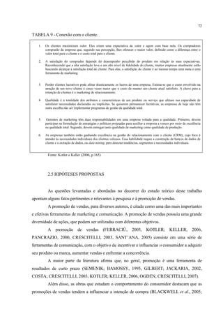 72

TABELA 9 - Conexão com o cliente.

   1.   Os clientes maximizam valor. Eles criam uma expectativa de valor e agem com base nela. Os compradores
        comprarão da empresa que, segundo sua percepção, lhes oferecer o maior valor, definido como a diferença entre o
        valor total para o cliente e o custo total para o cliente.

   2.   A satisfação do comprador depende do desempenho percebido do produto em relação às suas expectativas.
        Reconhecendo que a alta satisfação leva a um alto nível de fidelidade do cliente, muitas empresas atualmente estão
        buscando alcançar a satisfação total do cliente. Para elas, a satisfação do cliente é ao mesmo tempo uma meta e uma
        ferramenta de marketing.


   3.   Perder clientes lucrativos pode afetar drasticamente os lucros de uma empresa. Estima-se que o custo envolvido na
        atração de um novo cliente é cinco vezes maior que o custo de manter um cliente atual satisfeito. A chave para a
        retenção de clientes é o marketing de relacionamento.

   4.   Qualidade é a totalidade dos atributos e características de um produto ou serviço que afetam sua capacidade de
        satisfazer necessidades declaradas ou implícitas. Se quiserem permanecer lucrativas, as empresas de hoje não têm
        outra escolha não ser implementar programas de gestão da qualidade total.


   5.   Gerentes de marketing têm duas responsabilidades em uma empresa voltada para a qualidade. Primeiro, devem
        participar na formulação de estratégias e políticas projetadas para auxiliar a empresa a vencer por meio da excelência
        na qualidade total. Segundo, devem entregar tanto qualidade de marketing como qualidade de produção.

   6.   As empresas também estão ganhando excelência na gestão do relacionamento com o cliente (CRM), cujo foco é
        atender às necessidades individuais dos clientes valiosos. Essa habilidade requer a construção de bancos de dados de
        cliente e a extração de dados, ou data mining, para detectar tendências, segmentos e necessidades individuais.


         Fonte: Kotler e Keller (2006, p.165)




         2.5 HIPÓTESES PROPOSTAS


         As questões levantadas e abordadas no decorrer do estudo teórico deste trabalho
apontam alguns fatos pertinentes e relevantes à pesquisa e à promoção de vendas.
         A promoção de vendas, para diversos autores, é citada como uma das mais importantes
e efetivas ferramentas de marketing e comunicação. A promoção de vendas possuiu uma grande
diversidade de ações, que podem ser utilizadas com diferentes objetivos.
         A promoção de vendas (FERRACIÙ, 2003, KOTLER; KELLER, 2006,
PANCRAZIO, 2000, CRESCITELLI, 2003, SANT’ANA, 2005) consiste em uma série de
ferramentas de comunicação, com o objetivo de incentivar e influenciar o consumidor a adquirir
seu produto ou marca, aumentar vendas e enfrentar a concorrência.
         A maior parte da literatura afirma que, no geral, promoção é uma ferramenta de
resultados de curto prazo (SEMENIK; BAMOSSY, 1995, GILBERT; JACKARIA, 2002,
COSTA; CRESCITELLI, 2003, KOTLER; KELLER, 2006, OGDEN; CRESCITELLI, 2007).
         Além disso, as obras que estudam o comportamento do consumidor destacam que as
promoções de vendas tendem a influenciar a intenção de compra (BLACKWELL et al., 2005;
 