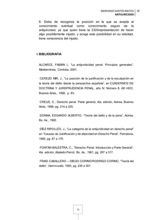 MARIANOSSANTOSMATEO
ANTIJURICIDAD
29
29
6. Debe de recogerse la posición en la que se acepta al
conocimiento eventual como conocimiento seguro de la
antijuricidad, ya que quien tiene la 2324representación de hacer
algo posiblemente injusto, y acoge esta posibilidad en su voluntad,
tiene consciencia del injusto.
V.BIBLIOGRAFIA
ALCARCE, FABIÁN I., “La antijuridicidad penal. Principios generales”,
Mediterránea, Córdoba, 2001.
CEREZO MIR, J., “La posición de la justificación y de la exculpación en
la teoría del delito desde la perspectiva española”, en CUADERNOS DE
DOCTRINA Y JURISPRUDENCIA PENAL, año IV, Número 8, AD HOC,
Buenos Aires,. 1998, p. 83.
CREUS, C., Derecho penal. Parte general, 4ta. edición, Astrea, Buenos
Aires, 1996, pg. 214 a 225.
DONNA, EDGARDO ALBERTO, “Teoría del delito y de la pena”, Astrea,
Bs. As., 1992.
DÍEZ RIPOLLÉS, J., “La categoría de la antijuridicidad en derecho penal”
en “Causas de Justificación y de atipicidad en Derecho Penal”, Pamplona,
1995, pg. 87 a 170.
FONTÁN BALESTRA, C., “Derecho Penal. Introducción y Parte General”,
4ta. edición, Abeledo-Perrot, Bs. As., 1961, pg. 287 a 317.
FRIAS CABALLERO – DIEGO CORINO/RODRIGO CORINO, “Teoría del
delito”, Hammurabi, 1993, pg. 239 a 301.
 