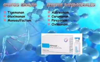 Tigemonan
Gloximonan
Monosulfactam
Aztreonam
Carumonan
Pirazonam
Oximonam
 