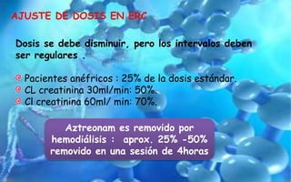AJUSTE DE DOSIS EN ERC
Dosis se debe disminuir, pero los intervalos deben
ser regulares .
Pacientes anéfricos : 25% de la dosis estándar.
CL creatinina 30ml/min: 50%.
Cl creatinina 60ml/ min: 70%.
Aztreonam es removido por
hemodiálisis : aprox. 25% -50%
removido en una sesión de 4horas
 