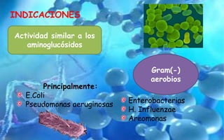 INDICACIONES
Actividad similar a los
aminoglucósidos
Gram(-)
aerobios
Principalmente:
E.Coli
Pseudomonas aeruginosas
Enterobacterias
H. Influenzae
Areomonas
 