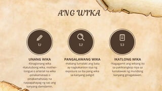 UNANG WIKA
-Kinagisnang wika
-Katutubong wika, mother-
tongue o arterial na wika
-pinakamataas o
pinakamahusay na
naipapahayag ng tao ang
kanyang damdamin.
PANGALAWANG WIKA
-Habang lumalaki ang bata
ay nagkakaroon siya ng
exposure sa iba pang wika
sa kanyang paligid
IKATLONG WIKA
-Nagagamit ang wikang ito
sa pakikiangkop niya sa
lumalawak ng mundong
kanyang ginagalawan.
 