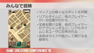 みんなで冒険
• マップ上の様々なスポットを同期
• リアルタイムに、他のプレイヤー
がいる位置がわかる
• 宝箱を開ける等、他のプレイヤー
がアクションすると、リアルタイ
ムに全ユーザに反映される
• 多数決クイズや協力して開ける宝
箱等も
10
 