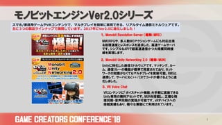 モノビットエンジンVer2.0シリーズ
3
スマホ/家庭用ゲームやVRコンテンツで、マルチプレイを簡単に実現できる、リアルタイム通信ミドルウェアです。
主に３つの製品ラインナップで展開しています。2017年にVer2.0に進化しました！
１，Monobit Revolution Server （略称：MRS）
MMORPGや、多人数MOアクションゲームにも対応出来
る処理速度とレスポンスを追求した、高速ゲームサーバ
です。シンプルなAPIで超高速通信かつ大規模同時接
続を実現します。
２，Monobit Unity Networking 2.0 (略称：MUN)
Unityに特化した通信ミドルウェアです。マッチング、ルー
ム、通信リレーの機能が標準で用意されており、ネット
ワークの知識がなくてもマルチプレイを実装可能。RMSと
連携して、サーバにもC++/C#でコードが書けるように進
化しました。
３，VR Voice Chat
VRコンテンツに「ボイスチャット機能」を手軽に実装できる
Unity専用の無料アセットです。MUNを搭載し、正確な物
理同期・音声同期の実現が可能です。xRデバイスへの
搭載実績もあり、様々な業態にて利用されています。
 