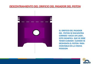 DESCENTRAMIENTO DEL ORIFICIO DEL PASADOR DEL PISTON
EL ORIFICIO DEL PASADOR
DEL PISTON SE ENCUENTRA
CORRIDO HACIA UN LADO ,
ESTO SIGNIFICA QUE SE DEBE
TENER CUIDADO CUANDO SE
DESMONTA EL PISTON PARA
MONTARLO EN LA MISMA
POSICION
 