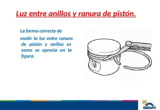 Luz entre anillos y ranura de pistón.
La forma correcta de
medir la luz entre ranura
de pistón y anillos es
como se aprecia en la
figura.
 