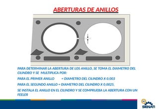 ABERTURAS DE ANILLOS
PARA DETERMINAR LA ABERTURA DE LOS ANILLO, SE TOMA EL DIAMETRO DEL
CILINDRO Y SE MULTIPLICA POR:
PARA EL PRIMER ANILLO = DIAMETRO DEL CILINDRO X 0.003
PARA EL SEGUNDO ANILLO = DIAMETRO DEL CILINDRO X 0.0025.
SE INSTALA EL ANILLO EN EL CILINDRO Y SE COMPRUEBA LA ABERTURA CON UN
FEELER
 