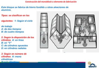 Construcción del monoblock o elemento de fabricación
Este bloque se fabrica de hierro fundido u otras aleaciones de
aluminio.
Tipos: se clasifican en los
siguientes: 1: Según el ciclo
de trabajo
A: de dos tiempos
B: de cuatro tiempos
2: Según la disposición de los
cilindros A: en línea
B: en “V”
C: de cilindros opuestos
D: en cilindros radiales
3: Según en número de
cilindros A: mono
cilíndricos
B:poli cilíndricos
 