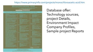 Database offer:
Technology sources,
project Details,
Environment Impact
Company Profiles,
Sample project Reports
https://www.primaryinfo.com/projects/monochloroacetic-acid.htm
 