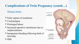 Complications of Twin Pregnancy (contd…)
During Labour:
 Early rupture of membrane
 Cord prolapse
 Prolonged labour
 Increased operative interference due to
malpresentation
 Intrapartum bleeding following birth of
first baby
 PPH
 