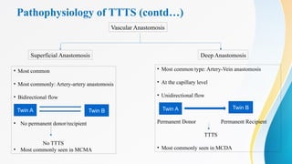 Vascular Anastomosis
Superficial Anastomosis Deep Anastomosis
• Most common
• Most commonly: Artery-artery anastomosis
• Bidirectional flow
• No permanent donor/recipient
No TTTS
• Most commonly seen in MCMA
Twin A Twin B
• Most common type: Artery-Vein anastomosis
• At the capillary level
• Unidirectional flow
Permanent Donor Permanent Recipient
TTTS
• Most commonly seen in MCDA
Twin A Twin B
Pathophysiology of TTTS (contd…)
 