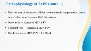 Pathophysiology of TAPS (contd...)
• The slowness of the process allows haemodynamic compensation, hence
there is absence of amniotic fluid discordance
• Donor twin → increased MCA PSV
• Recipient twin → decreased MCA PSV
• The difference in MCA PSV ≥ 1.0 MoM
 