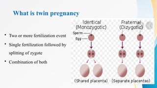What is twin pregnancy
• Two or more fertilization event
• Single fertilization followed by
splitting of zygote
• Combination of both
 