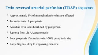 Twin reversed arterial perfusion (TRAP) sequence
• Approximately 1% of monochorionic twins are affected
• 1acardiac twin, 1 pump twin
• Acardiac twin lacks heart, fed by pump twin
• Reverse flow via AA anastomosis
• Poor prognosis if acardiac twin >50% pump twin size
• Early diagnosis key to improving outcome
 