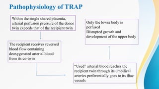 Pathophysiology of TRAP
Within the single shared placenta,
arterial perfusion pressure of the donor
twin exceeds that of the recipient twin
The recipient receives reversed
blood flow containing
deoxygenated arterial blood
from its co-twin
“Used” arterial blood reaches the
recipient twin through its umbilical
arteries preferentially goes to its iliac
vessels
Only the lower body is
perfused
Disrupted growth and
development of the upper body
 