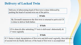 Delivery of Locked Twin
Delivery of aftercoming head of first twin is done followed by
pushing the head of second twin out of the pelvis.
If fails
CS is done & after unlocking 2nd
twin is delivered abdominally &
1st
twin vaginally
By Zavanelli manoeuvre the first twin is returned to pelvis & CS
is done to deliver both babies
If 1st
foetus is dead, decapitation of first twin and delivered vaginally, then delivery
of second twin & finally delivery of the head of first twin is accomplished
If fails
If fails
 