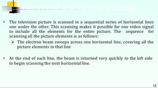 • The television picture is scanned in a sequential series of horizontal lines
one under the other. This scanning makes it possible for one video signal
to include all the elements for the entire picture. The sequence for
scanning all the picture elements is as follows:
 The electron beam sweeps across one horizontal line, covering all the
picture elements in that line
• At the end of each line, the beam is returned very quickly to the left side
to begin scanning the next horizontal line.
15
Horizontal and vertical scanning
 