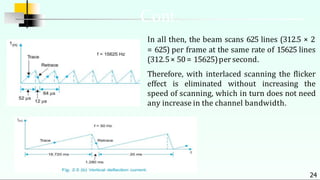 In all then, the beam scans 625 lines (312.5 × 2
= 625) per frame at the same rate of 15625 lines
(312.5× 50= 15625)per second.
Therefore, with interlaced scanning the flicker
effect is eliminated without increasing the
speed of scanning, which in turn does not need
any increase in the channel bandwidth.
Cont.
24
 
