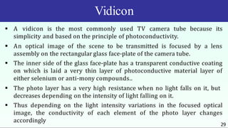 Vidicon
29
 A vidicon is the most commonly used TV camera tube because its
simplicity and based on the principle of photoconductivity.
 An optical image of the scene to be transmitted is focused by a lens
assembly on the rectangular glass face-plate of the camera tube.
 The inner side of the glass face-plate has a transparent conductive coating
on which is laid a very thin layer of photoconductive material layer of
either selenium or anti-mony compounds..
 The photo layer has a very high resistance when no light falls on it, but
decreases depending on the intensity of light falling on it.
 Thus depending on the light intensity variations in the focused optical
image, the conductivity of each element of the photo layer changes
accordingly
 
