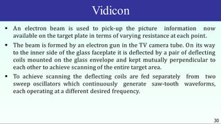 Vidicon
30
 An electron beam is used to pick-up the picture information now
available on the target plate in terms of varying resistance at each point.
 The beam is formed by an electron gun in the TV camera tube. On its way
to the inner side of the glass faceplate it is deflected by a pair of deflecting
coils mounted on the glass envelope and kept mutually perpendicular to
each other to achieve scanning of the entire target area.
 To achieve scanning the deflecting coils are fed separately from two
sweep oscillators which continuously generate saw-tooth waveforms,
each operating at a different desired frequency.
 