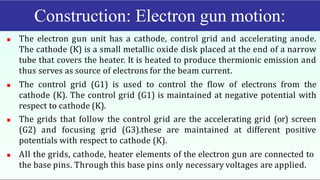 Construction: Electron gun motion:
 The electron gun unit has a cathode, control grid and accelerating anode.
The cathode (K) is a small metallic oxide disk placed at the end of a narrow
tube that covers the heater. It is heated to produce thermionic emission and
thus serves as source of electrons for the beam current.
 The control grid (G1) is used to control the flow of electrons from the
cathode (K). The control grid (G1) is maintained at negative potential with
respect to cathode (K).
 The grids that follow the control grid are the accelerating grid (or) screen
(G2) and focusing grid (G3).these are maintained at different positive
potentials with respect to cathode (K).
 All the grids, cathode, heater elements of the electron gun are connected to
the base pins. Through this base pins only necessary voltages are applied.
 