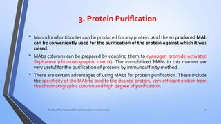 3. Protein Purification
• Monoclonal antibodies can be produced for any protein. And the so produced MAb
can be conveniently used for the purification of the protein against which it was
raised.
• MAbs columns can be prepared by coupling them to cyanogen bromide activated
Sepharose (chromatographic matrix). The immobilized MAbs in this manner are
very useful for the purification of proteins by immunoaffinity method.
• There are certain advantages of using MAbs for protein purification. These include
the specificity of the MAb to bind to the desired protein, very efficient elution from
the chromatographic column and high degree of purification.
Faculty of Pharmaceutical Science, Assam down town University 46
 