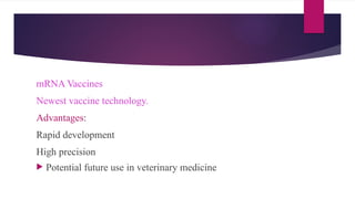 mRNA Vaccines
Newest vaccine technology.
Advantages:
Rapid development
High precision
 Potential future use in veterinary medicine
 