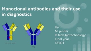 Monoclonal antibodies and their use
in diagnostics
By:
M. jenifer
B.tech biotechnology.
Final year .
DSIRT.
 