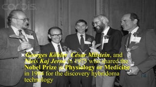 Georges Köhler César Milstein, and
Niels Kaj Jerne in 1975 who shared the
Nobel Prize in Physiology or Medicine
in 1984 for the discovery hybridoma
technology
14
 