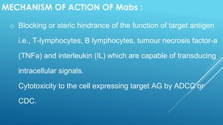 o Blocking or steric hindrance of the function of target antigen
i.e., T-lymphocytes, B lymphocytes, tumour necrosis factor-a
(TNFa) and interleukin (IL) which are capable of transducing
intracellular signals.
Cytotoxicity to the cell expressing target AG by ADCC or
CDC.
MECHANISM OF ACTION OF Mabs :
 