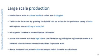 Large scale production
 Production of mabs in culture bottles is rather low- 5-10g/ml
 Yield can be increased by growing the hybrid cells as ascites in the peritoneal cavity of mice
which yields about 5-20 mg of mabs/ml
 It is superior than the in vitro cultivation techniques
 Ascitic fluid in mice may have high risk of contamination by pathogenic organism of animal & in
addition, several animals have to be sacrificed to produce mabs
 Hence, many workers prefer in vitro techniques rather than the use of animals
ManipalCollegeofPharmaceuticalSciences(MCOPS)
18
 