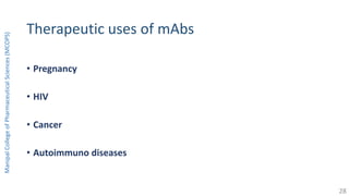 Therapeutic uses of mAbs
• Pregnancy
• HIV
• Cancer
• Autoimmuno diseases
ManipalCollegeofPharmaceuticalSciences(MCOPS)
28
 
