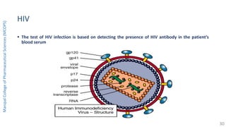 HIV
 The test of HIV infection is based on detecting the presence of HIV antibody in the patient’s
blood serum
ManipalCollegeofPharmaceuticalSciences(MCOPS)
30
 