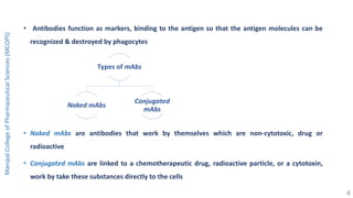 • Antibodies function as markers, binding to the antigen so that the antigen molecules can be
recognized & destroyed by phagocytes
• Naked mAbs are antibodies that work by themselves which are non-cytotoxic, drug or
radioactive
• Conjugated mAbs are linked to a chemotherapeutic drug, radioactive particle, or a cytotoxin,
work by take these substances directly to the cells
Types of mAbs
Naked mAbs
Conjugated
mAbs
ManipalCollegeofPharmaceuticalSciences(MCOPS)
4
 