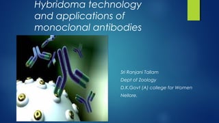 Hybridoma technology
and applications of
monoclonal antibodies
Sri Ranjani Tallam
Dept of Zoology
D.K.Govt (A) college for Women
Nellore.
 