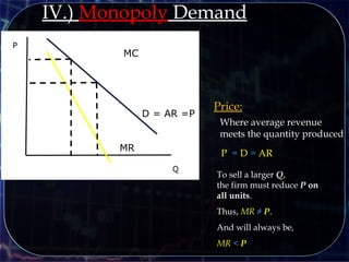 IV.) Monopoly Demand
Q
P
To sell a larger Q,
the firm must reduce P on
all units.
Thus, MR ≠ P.
And will always be,
MR < P
MR
Price:
P = D = AR
Where average revenue
meets the quantity produced
MC
D = AR =P
 
