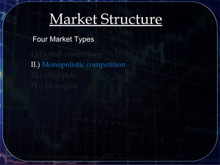 I.) Perfect competition
II.) Monopolistic competition
III.) Oligopoly
IV.) Monopoly
Four Market Types
Market Structure
 