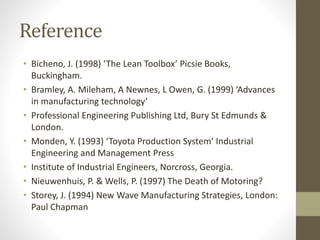 Reference
• Bicheno, J. (1998) ‘The Lean Toolbox’ Picsie Books,
Buckingham.
• Bramley, A. Mileham, A Newnes, L Owen, G. (1999) ‘Advances
in manufacturing technology’
• Professional Engineering Publishing Ltd, Bury St Edmunds &
London.
• Monden, Y. (1993) ‘Toyota Production System‘ Industrial
Engineering and Management Press
• Institute of Industrial Engineers, Norcross, Georgia.
• Nieuwenhuis, P. & Wells, P. (1997) The Death of Motoring?
• Storey, J. (1994) New Wave Manufacturing Strategies, London:
Paul Chapman
 