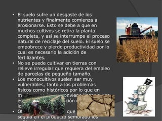 • El suelo sufre un desgaste de los
nutrientes y finalmente comienza a
erosionarse. Esto se debe a que en
muchos cultivos se retira la planta
completa, y así se interrumpe el proceso
natural de reciclaje del suelo. El suelo se
empobrece y pierde productividad por lo
cual es necesario la adición de
fertilizantes.
• No se puede cultivar en tierras con
relieve irregular que requiera del empleo
de parcelas de pequeño tamaño.
• Los monocultivos suelen ser muy
vulnerables, tanto a los problemas
físicos como históricos por lo que en
muchas ocasiones, conviene llegar a una
especie de diversificación controlada de
los cultivos
• Otra característica es que en caso de
sequía en el producto sembrado los
 