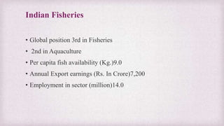 Indian Fisheries 
• Global position 3rd in Fisheries 
• 2nd in Aquaculture 
• Per capita fish availability (Kg.)9.0 
• Annual Export earnings (Rs. In Crore)7,200 
• Employment in sector (million)14.0 
 