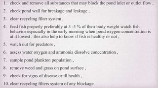 1. check and remove all substances that may block the pond inlet or outlet flow , 
2. check pond wall for breakage and leakage , 
3. clear recycling filter system , 
4. feed fish properly preferably at 3 -5 % of their body weight watch fish 
behavior especially in the early morning when pond oxygen concentration is 
at it lowest . this also help to know if fish is healthy or not , 
5. watch out for predators , 
6. assess water oxygen and ammonia dissolve concentration , 
7. sample pond plankton population , 
8. remove weed and grass on pond surface , 
9. check for signs of disease or ill health , 
10. clear recycling filters system of any blockage. 
 