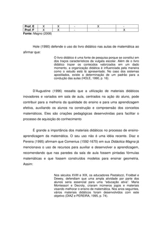 Prof. E    X           X           -                 X                  -
 Prof. F    X           X           -                 -                  X
Fonte: Magno (2008)



      Hole (1990) defende o uso do livro didático nas aulas de matemática ao
afirmar que:
                      O livro didático é uma fonte de pesquisa porque se constitui em
                      dos traços característicos da vulgata escolar. Além de o livro
                      didático trazer os conteúdos valorizados em um dado
                      momento, a organização didática é influenciada pela maneira
                      como o estudo está lá apresentado. No caso dos sistemas
                      apostilados, existe a determinação de um padrão para a
                      condução das aulas (HOLE, 1990, p. 16).



      D’Augustine (1996) ressalta que a utilização de materiais didáticos
inovadores e variados em sala de aula, centrados na ação do aluno, pode
contribuir para a melhoria da qualidade do ensino e para uma aprendizagem
efetiva, auxiliando os alunos na construção e compreensão dos conceitos
matemáticos. Eles são criações pedagógicas desenvolvidas para facilitar o
processo de aquisição do conhecimento


      É grande a importância dos materiais didáticos no processo de ensino-
aprendizagem da matemática. O seu uso não é uma idéia recente. Diaz e
Pereira (1995) afirmam que Comenius (1592-1670) em sua Didáctica Magna já
mencionava o uso de recursos para auxiliar e desenvolver a aprendizagem,
recomendando que nas paredes da sala de aula fossem pintadas fórmulas
matemáticas e que fossem construídos modelos para ensinar geometria.
Assim:


                      Nos séculos XVIII e XIX, os educadores Pestalozzi, Froëbel e
                      Dewey, defendiam que uma ampla atividade por parte dos
                      alunos seria essencial para uma “educação ativa”. Maria
                      Montessori e Decroly, criaram inúmeros jogos e materiais
                      visando melhorar o ensino de matemática. Nos anos seguintes,
                      vários materiais didáticos foram desenvolvidos com este
                      objetivo (DIAZ e PEREIRA, 1995, p. 74).
 