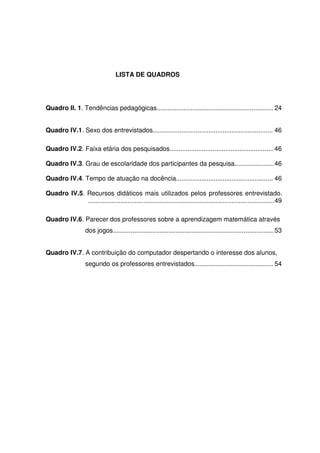 LISTA DE QUADROS




Quadro II. 1. Tendências pedagógicas................................................................. 24


Quadro IV.1. Sexo dos entrevistados................................................................... 46

Quadro IV.2. Faixa etária dos pesquisados.......................................................... 46

Quadro IV.3. Grau de escolaridade dos participantes da pesquisa...................... 46

Quadro IV.4. Tempo de atuação na docência...................................................... 46

Quadro IV.5. Recursos didáticos mais utilizados pelos professores entrevistado.
             ........................................................................................................49

Quadro IV.6. Parecer dos professores sobre a aprendizagem matemática através
                   dos jogos.......................................................................................... 53


Quadro IV.7. A contribuição do computador despertando o interesse dos alunos,
                   segundo os professores entrevistados............................................ 54
 