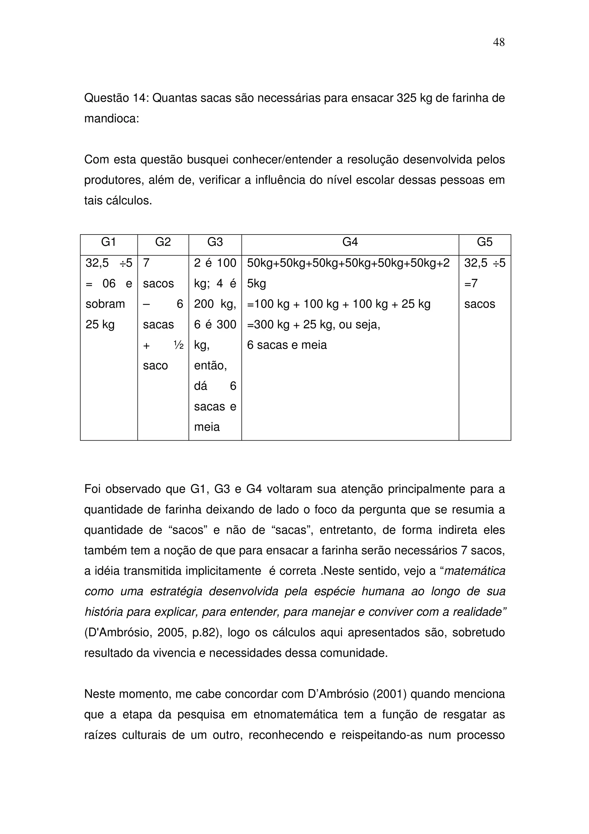 48



Questão 14: Quantas sacas são necessárias para ensacar 325 kg de farinha de
mandioca:


Com esta questão busquei conhecer/entender a resolução desenvolvida pelos
produtores, além de, verificar a influência do nível escolar dessas pessoas em
tais cálculos.


   G1            G2        G3                         G4                 G5
32,5 ÷5 7               2 é 100 50kg+50kg+50kg+50kg+50kg+50kg+2        32,5 ÷5
= 06 e sacos            kg; 4 é 5kg                                    =7
sobram      –         6 200 kg, =100 kg + 100 kg + 100 kg + 25 kg      sacos
25 kg       sacas       6 é 300 =300 kg + 25 kg, ou seja,
            +         ½ kg,          6 sacas e meia
            saco        então,
                        dá       6
                        sacas e
                        meia




Foi observado que G1, G3 e G4 voltaram sua atenção principalmente para a
quantidade de farinha deixando de lado o foco da pergunta que se resumia a
quantidade de “sacos” e não de “sacas”, entretanto, de forma indireta eles
também tem a noção de que para ensacar a farinha serão necessários 7 sacos,
a idéia transmitida implicitamente é correta .Neste sentido, vejo a “matemática
como uma estratégia desenvolvida pela espécie humana ao longo de sua
história para explicar, para entender, para manejar e conviver com a realidade”
(D'Ambrósio, 2005, p.82), logo os cálculos aqui apresentados são, sobretudo
resultado da vivencia e necessidades dessa comunidade.


Neste momento, me cabe concordar com D’Ambrósio (2001) quando menciona
que a etapa da pesquisa em etnomatemática tem a função de resgatar as
raízes culturais de um outro, reconhecendo e reispeitando-as num processo
 