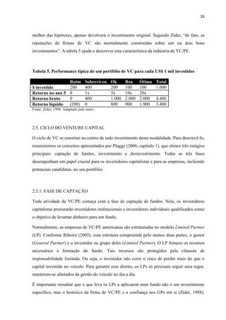 26
melhor das hipóteses, apenas devolverá o investimento original. Segundo Zider, “de fato, as
reputações de firmas de VC são normalmente construídas sobre um ou dois bons
investimentos”. A tabela 5 ajuda a descrever esta característica da indústria de VC/PE.
Tabela 5. Performance típica de um portfólio de VC para cada US$ 1 mil investidos
Ruim Sobreviveu Ok Boa Ótima Total
$ investido 200 400 200 100 100 1.000
Retorno no ano 5 0 1x 5x 10x 20x
Retorno bruto 0 400 1.000 2.000 2.000 4.400
Retorno líquido (200) 0 800 900 1.900 3.400
Fonte: Zider, 1998. Adaptado pelo autor.
2.5. CICLO DO VENTURE CAPITAL
O ciclo de VC se constitui no centro de todo investimento desta modalidade. Para descrevê-lo,
resumiremos os conceitos apresentados por Plagge (2006, capítulo 1), que elenca três estágios
principais: captação de fundos, investimento e desinvestimento. Todas as três fases
desempenham um papel crucial para os investidores capitalistas e para as empresas, incluindo
potenciais candidatas, no seu portfólio.
2.5.1. FASE DE CAPTAÇÃO
Toda atividade de VC/PE começa com a fase de captação de fundos. Nela, os investidores
capitalistas procurarão investidores institucionais e investidores individuais qualificados como
o objetivo de levantar dinheiro para um fundo.
Normalmente, as empresas de VC/PE americanas são estruturadas no modelo Limited Partner
(LP). Conforme Ribeiro (2005), essa estrutura compreende pelo menos duas partes, o gestor
(General Partner) e o investidor ou grupo deles (Limited Partner). O LP fornece os recursos
necessários à formação do fundo. Tais recursos são protegidos pela cláusula de
responsabilidade limitada. Ou seja, o investidor não corre o risco de perder mais do que o
capital investido no veículo. Para garantir esse direito, os LPs só precisam seguir uma regra:
manterem-se afastados da gestão do veículo no dia a dia.
É importante ressaltar que o que leva os LPs a aplicarem num fundo não é um investimento
específico, mas o histórico da firma de VC/PE e a confiança nos GPs em si (Zider, 1998).
 
