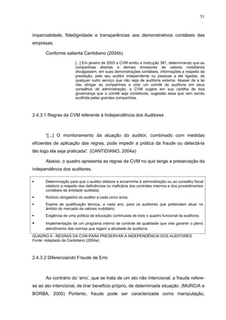 51



imparcialidade, fidedignidade e transparências aos demonstrativos contábeis das
empresas.

      Conforme salienta Cantidiano (2004b)

                       [...] Em janeiro de 2003 a CVM emitiu a Instrução 381, determinando que as
                       companhias abertas e demais emissores de valores mobiliários
                       divulgassem, em suas demonstrações contábeis, informações a respeito da
                       prestação, pelo seu auditor independente ou pessoas a ele ligadas, de
                       qualquer outro serviço que não seja de auditoria externa. Apesar de a lei
                       não obrigar as companhias a criar um comitê de auditoria em seus
                       conselhos de administração, a CVM sugere em sua cartilha de boa
                       governança que o comitê seja constituído, sugestão essa que vem sendo
                       acolhida pelas grandes companhias.



2.4.3.1 Regras da CVM referente à Independência dos Auditores



      “[...] O monitoramento da atuação do auditor, combinado com medidas
eficientes de aplicação das regras, pode impedir a prática da fraude ou detectá-la
tão logo ela seja praticada”. (CANTIDIANO, 2004a)

      Abaixo, o quadro apresenta as regras da CVM no que tange a preservação da
independência dos auditores.

     Determinação para que o auditor elabore e encaminhe à administração ou ao conselho fiscal
      relatório a respeito das deficiências ou ineficácia dos controles internos e dos procedimentos
      contábeis da entidade auditada;
     Rodízio obrigatório do auditor a cada cinco anos;
     Exame de qualificação técnica, a cada ano, para os auditores que pretendam atuar no
      âmbito do mercado de valores mobiliário;
     Exigência de uma política de educação continuada de todo o quadro funcional da auditoria;

     Implementação de um programa interno de controle de qualidade que vise garantir o pleno
      atendimento das normas que regem a atividade de auditoria.
QUADRO II - REGRAS DA CVM PARA PRESERVAR A INDEPENDÊNCIA DOS AUDITORES
Fonte: Adaptado de Cantidiano (2004a)



2.4.3.2 Diferenciando Fraude de Erro



      Ao contrário do ‘erro’, que se trata de um ato não intencional, a fraude refere-
se ao ato intencional, de tirar beneficio próprio, de determinada situação. (MURCIA e
BORBA, 2005) Portanto, fraude pode ser caracterizada como manipulação,
 
