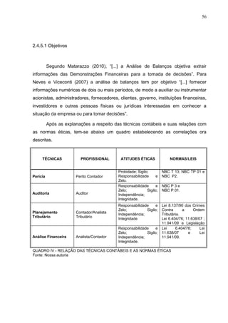 56




2.4.5.1 Objetivos



          Segundo Matarazzo (2010), “[...] a Análise de Balanços objetiva extrair
informações das Demonstrações Financeiras para a tomada de decisões”. Para
Neves e Viceconti (2007) a análise de balanços tem por objetivo “[...] fornecer
informações numéricas de dois ou mais períodos, de modo a auxiliar ou instrumentar
acionistas, administradores, fornecedores, clientes, governo, instituições financeiras,
investidores e outras pessoas físicas ou jurídicas interessadas em conhecer a
situação da empresa ou para tomar decisões”.

          Após as explanações a respeito das técnicas contábeis e suas relações com
as normas éticas, tem-se abaixo um quadro estabelecendo as correlações ora
descritas.



     TÉCNICAS            PROFISSIONAL       ATITUDES ÉTICAS               NORMAS/LEIS


                                           Probidade; Sigilo;         NBC T 13; NBC TP 01 e
Perícia                Perito Contador     Responsabilidade       e   NBC P2.
                                           Zelo.
                                           Responsabilidade       e   NBC P 3 e
                                           Zelo;            Sigilo;   NBC P 01.
Auditoria              Auditor             Independência;
                                           Integridade.
                                           Responsabilidade     e     Lei 8.137/90 dos Crimes
                                           Zelo;          Sigilo;     Contra      a      Ordem
Planejamento           Contador/Analista
                                           Independência;             Tributária.
Tributário             Tributário
                                           Integridade                Lei 6.404/76; 11.638/07 ;
                                                                      11.941/09 e Legislação
                                           Responsabilidade     e     específica dos tributos.
                                                                      Lei     6.404/76;      Lei
                                           Zelo;          Sigilo;     11.638/07       e      Lei
Análise Financeira     Analista/Contador   Independência;             11.941/09.
                                           Integridade.

QUADRO IV - RELAÇÃO DAS TÉCNICAS CONTÁBEIS E AS NORMAS ÉTICAS
Fonte: Nossa autoria
 