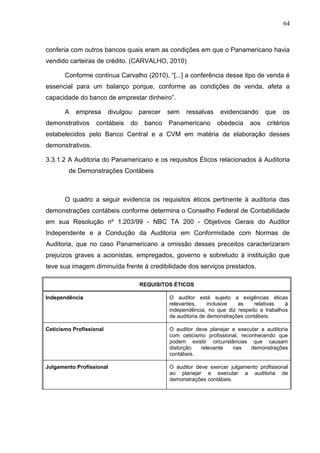64



conferia com outros bancos quais eram as condições em que o Panamericano havia
vendido carteiras de crédito. (CARVALHO, 2010)

       Conforme continua Carvalho (2010), “[...] a conferência desse tipo de venda é
essencial para um balanço porque, conforme as condições de venda, afeta a
capacidade do banco de emprestar dinheiro”.

       A   empresa       divulgou    parecer   sem   ressalvas    evidenciando      que   os
demonstrativos     contábeis    do    banco    Panamericano      obedecia     aos   critérios
estabelecidos pelo Banco Central e a CVM em matéria de elaboração desses
demonstrativos.

3.3.1.2 A Auditoria do Panamericano e os requisitos Éticos relacionados à Auditoria
        de Demonstrações Contábeis



       O quadro a seguir evidencia os requisitos éticos pertinente à auditoria das
demonstrações contábeis conforme determina o Conselho Federal de Contabilidade
em sua Resolução nº 1.203/99 - NBC TA 200 - Objetivos Gerais do Auditor
Independente e a Condução da Auditoria em Conformidade com Normas de
Auditoria, que no caso Panamericano a omissão desses preceitos caracterizaram
prejuízos graves a acionistas, empregados, governo e sobretudo à instituição que
teve sua imagem diminuída frente à credibilidade dos serviços prestados.

                                     REQUISITOS ÉTICOS

Independência                                  O auditor está sujeito a exigências éticas
                                               relevantes,     inclusive  as    relativas   à
                                               independência, no que diz respeito a trabalhos
                                               de auditoria de demonstrações contábeis.

Ceticismo Profissional                         O auditor deve planejar e executar a auditoria
                                               com ceticismo profissional, reconhecendo que
                                               podem existir circunstâncias que causam
                                               distorção   relevante   nas     demonstrações
                                               contábeis.

Julgamento Profissional                        O auditor deve exercer julgamento profissional
                                               ao planejar e executar a auditoria de
                                               demonstrações contábeis.
 