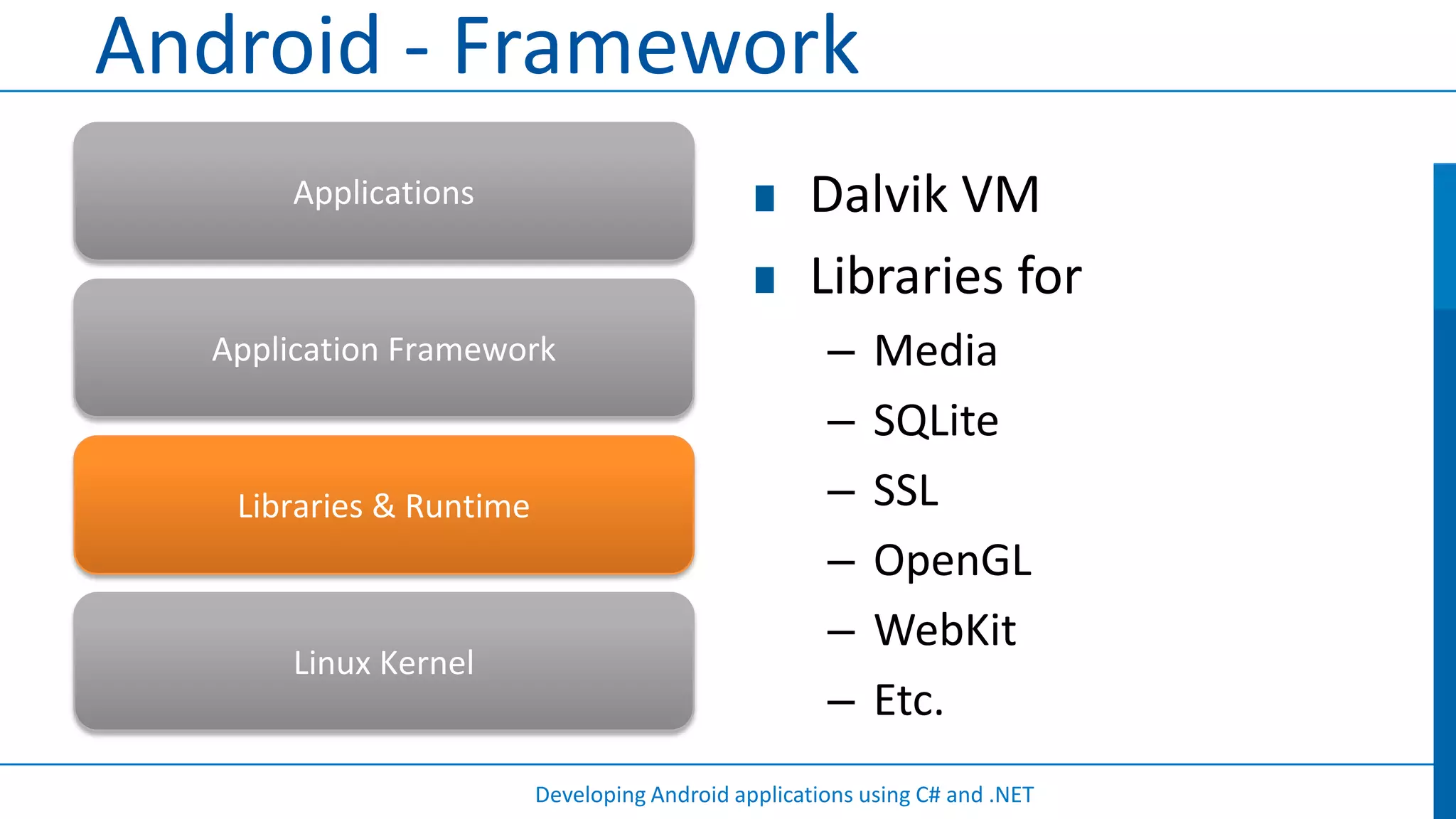 Android - Framework
      Applications                                 Dalvik VM
                                                   Libraries for
  Application Framework                              –    Media
                                                     –    SQLite
   Libraries & Runtime                               –    SSL
                                                     –    OpenGL
                                                     –    WebKit
      Linux Kernel
                                                     –    Etc.
                         Developing Android applications using C# and .NET
 